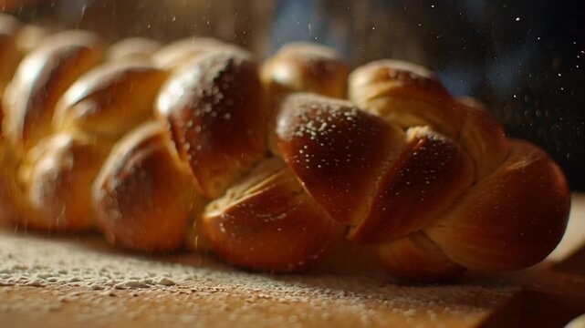 A baker's hands gently dusting a braided loaf of bread with flour in a warm kitchen video
