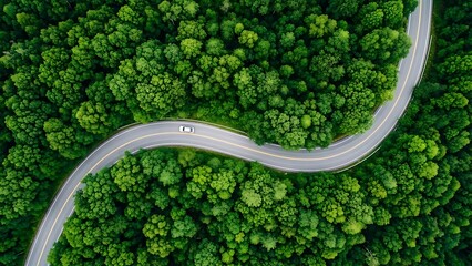 Winding road through a lush green forest captured from an aerial perspective with a solitary car © creative design