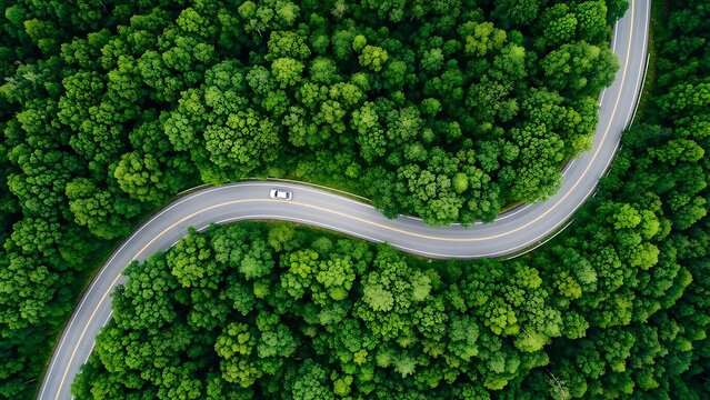Winding road through a lush green forest captured from an aerial perspective with a solitary car