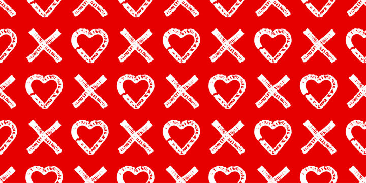 Seamless XO heart pattern in hand drawn doodle style. Repeating romantic red background with white marker grunge strokes.