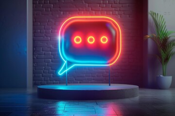 Neon chat bubble icon is glowing on a podium in a dimly lit room with a brick wall, symbolizing online communication