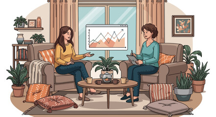 Fototapeta premium Two Women Discussing Business Charts in a Cozy Living Room.