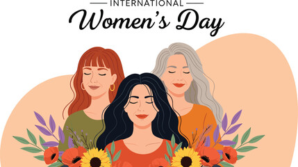 International Women's Day vector featuring three diverse women of different ages with closed eyes and vibrant spring flowers.