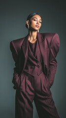 Vertical editorial fashion shot, model wearing an oversized suit with exaggerated shoulders, sharp tailoring, strong silhouette, deep espresso and burgundy color palette