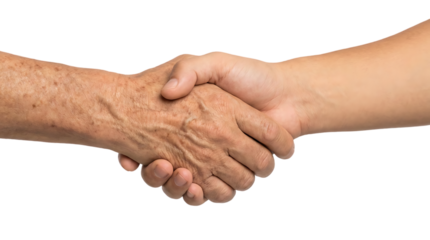 A close up view of a firm handshake between two hands one young and one aged on transparent background high quality