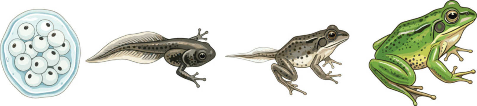 Frog Life Cycle Illustration Showing Eggs, Tadpole Development Stages, and Adult Frog for Biology Education, Science Learning, and Nature Design Projects