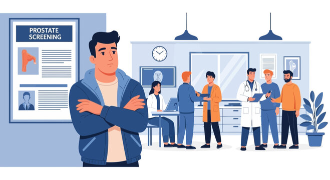Man contemplating prostate screening in a medical waiting room.