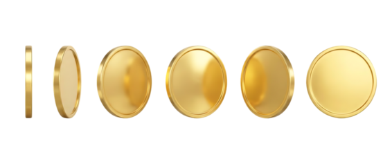 A series of five golden coins displayed in a progression from side view to face on on transparent background high quality