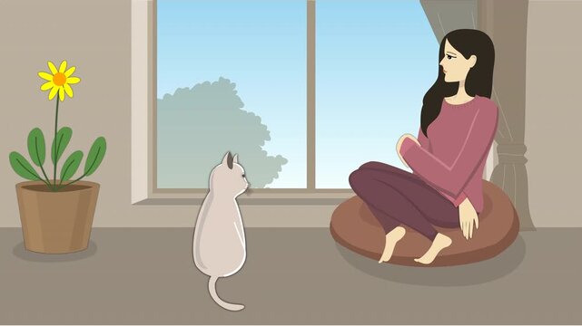 Young Woman Thinking by Window with Cat, Quiet and Cozy Scene