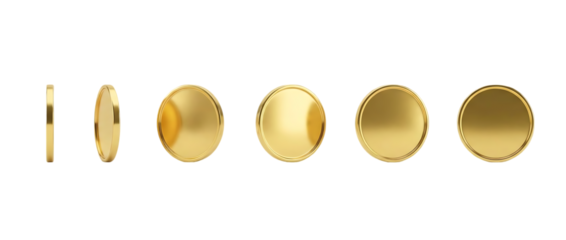 A series of golden coins displayed in a progression showing different angles and perspectives on transparent background high quality professional detailed