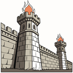 Obraz premium Fortress walls with guard towers on fire flames