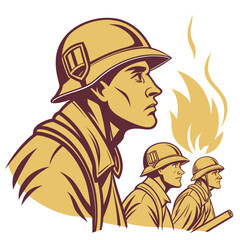Soldiers in helmets with campfire on white background