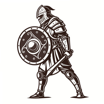 Medieval warrior in metal armor holding round shield and sword