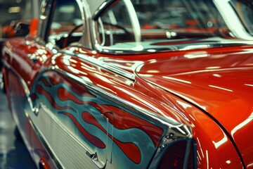 Customized classic red car with flames painted on the side, reflecting lights in a garage