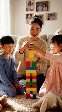 A Heartwarming Family Moment with Children and Building Blocks: A Joyful Celebration of Playtime, Creativity, and Connection in a Cozy Living Room Setting