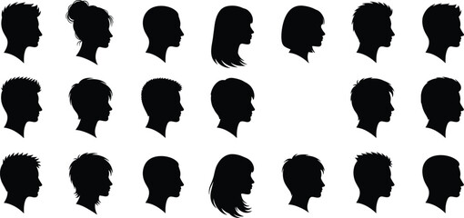 Human head profile silhouettes set, male female hairstyle variations, people face side view, black shapes, identity avatar illustration collection