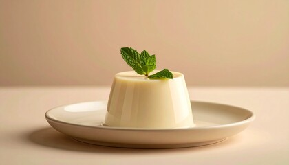 A soft beige background showcasing a minimalist vanilla panna cotta, garnished with a single mint leaf tasty
