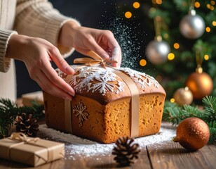Close Up Of Hands Decorating A Christmas Loaf Cake With Powdered Sugar Snowflakes And Festive Ornaments On A Wooden Table With A Decorated Pine Tree In The Background And Soft Bokeh Lights