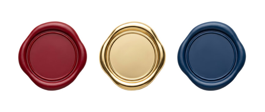 A vibrant collection of three wax seals in red gold and blue hues ideal for design projects on transparent background