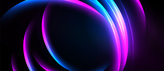 Abstract neon lines create flowing shapes. Dark background emphasizes vibrant blue, purple glows. Modern design, dynamic composition.