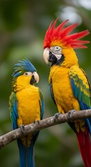 Vibrant macaw parrots perched on branch exotic birds in natural setting