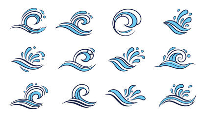 Fototapeta premium Collection of stylized blue wave icons on white background.