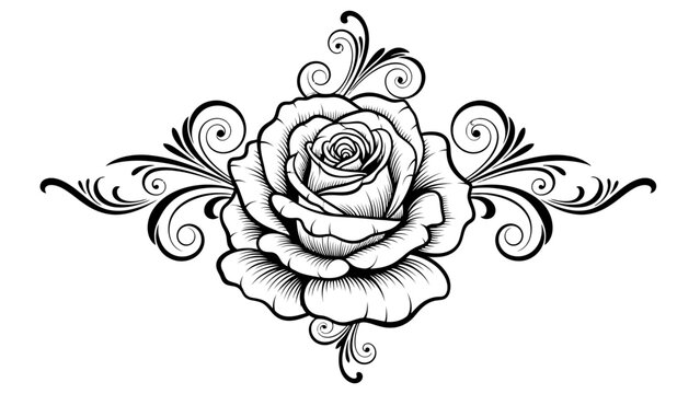 Black and white illustration of a rose with decorative swirls.