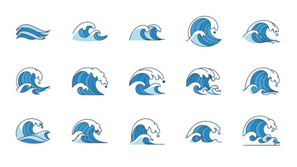 Fototapeta premium Collection of blue wave icons in various styles and forms.
