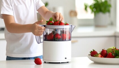 Child's Hands Placing Fresh Strawberries Into White Electric Food Processor Kitchen Countertop Bright Natural Lighting