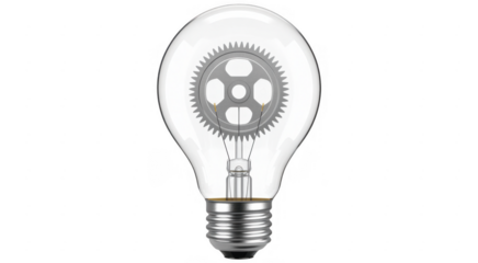 Light bulb with gear inside on black mechanical innovation isolated on a transparent background