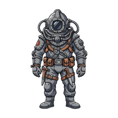 Illustration of a scuba diver in a vintage deep-sea diving suit with orange accents on a white background.