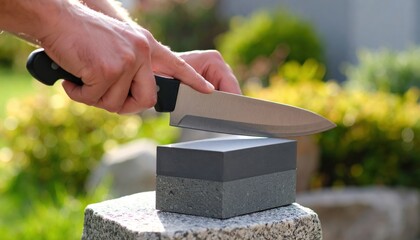 CloseUp Of Hands Sharpening A Kitchen Knife On A Whetstone Outdoors In Sunlight With Greenery Background