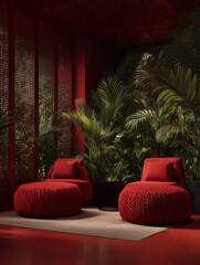 Obraz premium Sala de estar roja con plantas y sillones tipo puf, Espacio interior minimalista para catálogo de muebles de diseño, Fondo para publicidad de marca de café de especialidad
