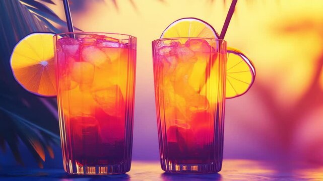 Pair of fruity cocktails with straws and slices of fruit by a beach sunset.