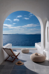 Naklejka premium Terraza mediterránea con vistas al mar y tumbona, Balcón con pufs y sombreros con el océano de fondo, Mockup para resort de lujo en islas griegas, Imagen campaña de viajes con estética minimalista