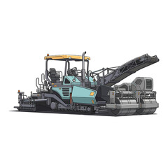 Side view of a large, industrial road milling machine with a yellow canopy and teal accents on a white background.