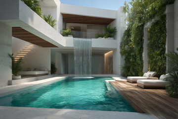 Obraz premium Casa de lujo con piscina y cascada integrada, Arquitectura moderna con vegetación y diseño minimalista, Branding para resort de lujo con estética natural