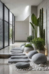 Obraz premium Interior moderno con jardín zen, escalera y pared de cristal, Estética zen y minimalista para espacio residencial de alto standing, Diseño interior para editorial de arquitectura y paisajismo