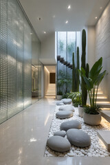 Obraz premium Interior minimalista con jardín zen y escalera flotante, Hall de entrada con plantas, piedras grises y luz ambiental, Mockup para diseño de interiores de alta gama