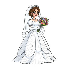 Cartoon illustration of a smiling bride wearing a white wedding dress and veil, holding a colorful bouquet on a plain white background.