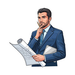 Cartoon businessman in blue suit holding plans and thinking with a thoughtful expression on a white background