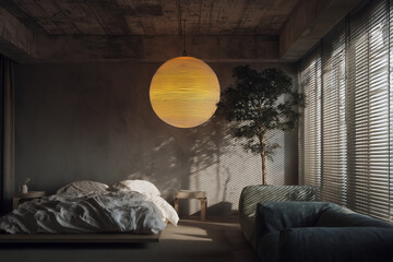 Obraz premium Dormitorio moderno con lámpara de diseño y luz natural, Interior de una habitación con cama, sofá y planta, Mockup para diseño de interiores de lujo