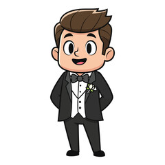 Cartoon illustration of a smiling young man in a tuxedo standing confidently against a white background.