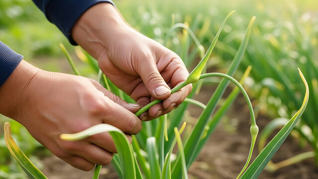Gardener's hands carefully harvesting fresh garlic scapes from a lush green field under soft sunlight, celebrating the bounty of nature's harvest