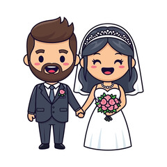 Cartoon illustration of a smiling bride and groom holding hands with a solid white background.