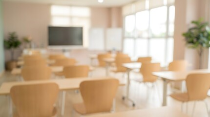 Fototapeta premium Soft focus background of an empty, modern classroom with neat wooden desks and chairs, bathed in natural light, creating a serene educational environment ready for learning
