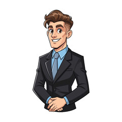 Cartoon illustration of a cheerful young businessman in a suit standing against a white background.