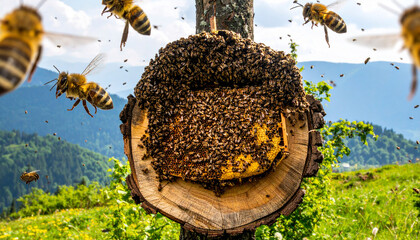 Bees Flying Around Traditional Log Hive Honeycomb