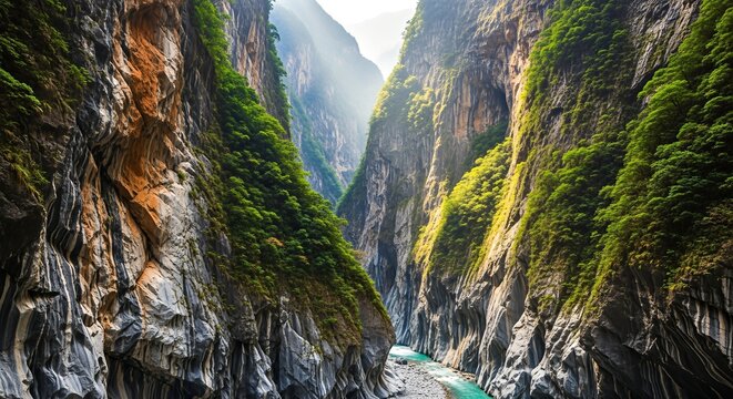 Majestic Taroko Gorge Taiwan Lush Green Cliffs River Flowing Sunlight Rays.