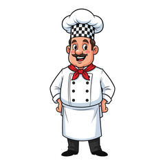 Cartoon chef standing confidently with a cheerful expression on a white background